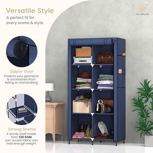 MY ARMOR 2-Door Foldable Wardrobe/Multipurpose Storage Rack, Collapsible Fabric Wardrobe Organizer for Clothes, Navy Blue (Plastic,Fabric) - 8 Shelfes Design - Image 2