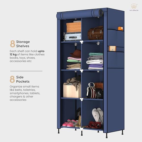 MY ARMOR 2-Door Foldable Wardrobe/Multipurpose Storage Rack, Collapsible Fabric Wardrobe Organizer for Clothes, Navy Blue (Plastic,Fabric) - 8 Shelfes Design - Image 3