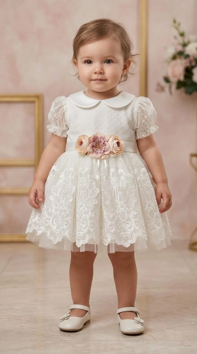 فيا بامبينو Ivory Layered Pearl Baby Dress 2601
