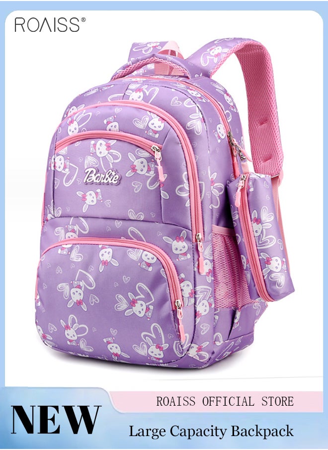 roaiss - Large Capacity Printed Design Backpack Girls School Travel Spine Protection Decompression Waterproof Multi-Pocket School Bag (Including A Pencil Case) - Image 1