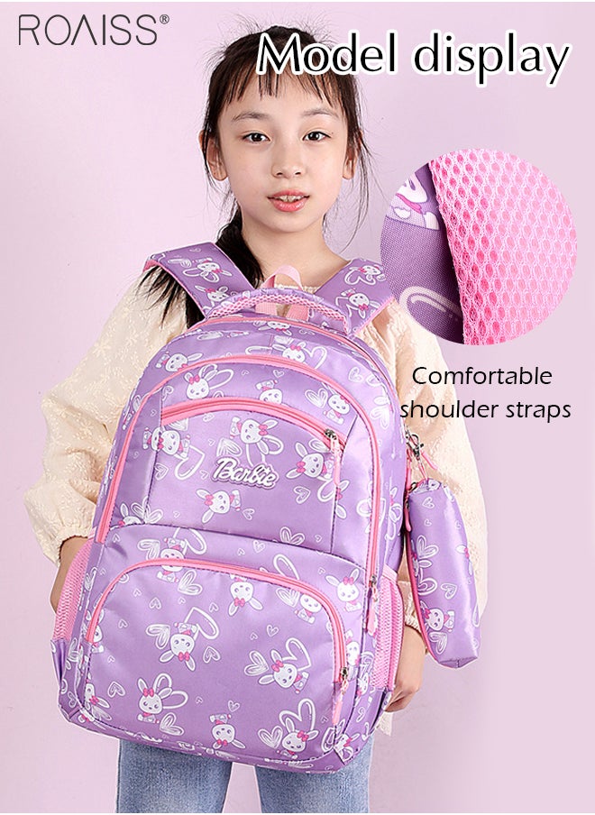 roaiss - Large Capacity Printed Design Backpack Girls School Travel Spine Protection Decompression Waterproof Multi-Pocket School Bag (Including A Pencil Case) - Image 1
