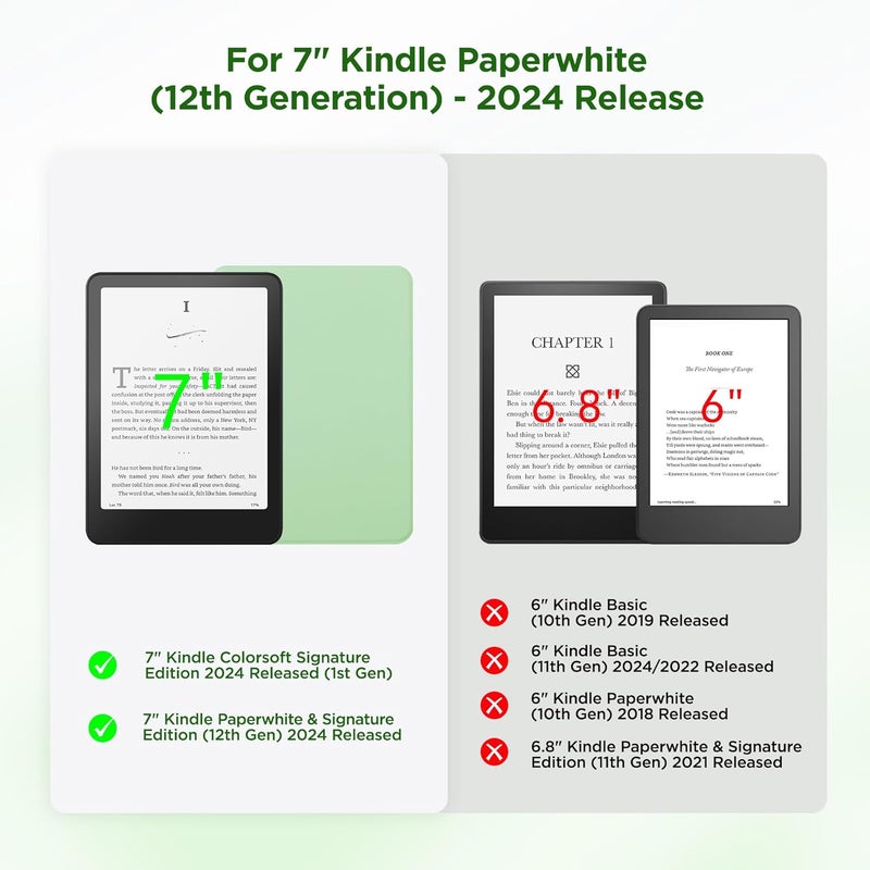 SESENSE Detachable Magnetic Case for 7'' Kindle Paperwhite 12th Gen 2024 and Kindle Colorsoft Signature Edition, Slim PU Shell Cover Case with Auto Wake/Sleep, Matcha Green - Image 2