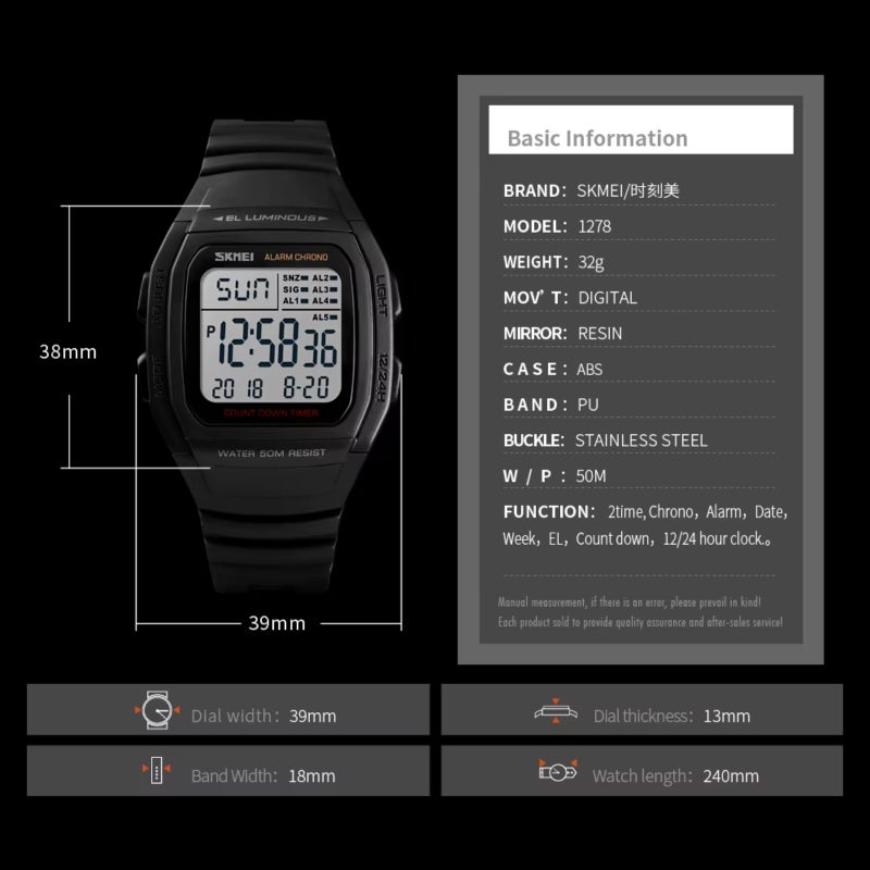 Skmei/Moment Beauty 1278 Luminous Multifunctional Square Electronic Watch (Rose Gold) - Image 4
