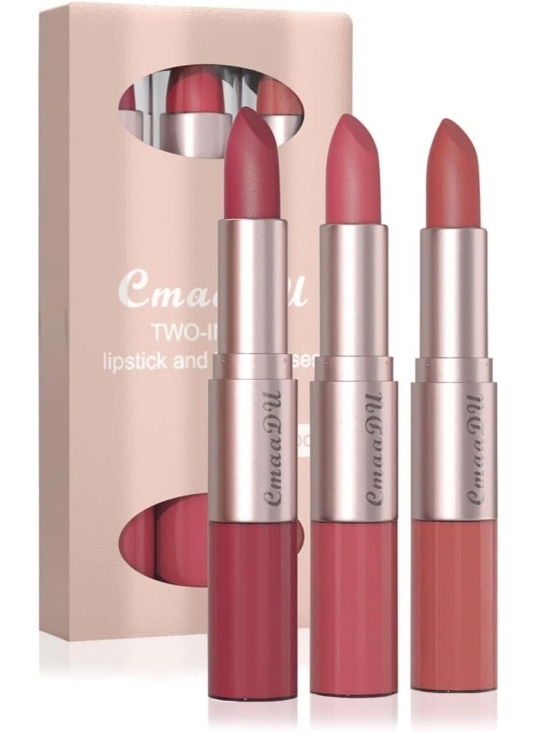 3 Pcs 2 in 1 Lipstick and Lip Gloss Set, Matte Velvet Double Headed High Pigmented Lipstick Gift Set, Waterproof Long Lasting Lip Makeup Gift Set for Women Bean Paste Red/Peach Pink/Bean Paste Pink