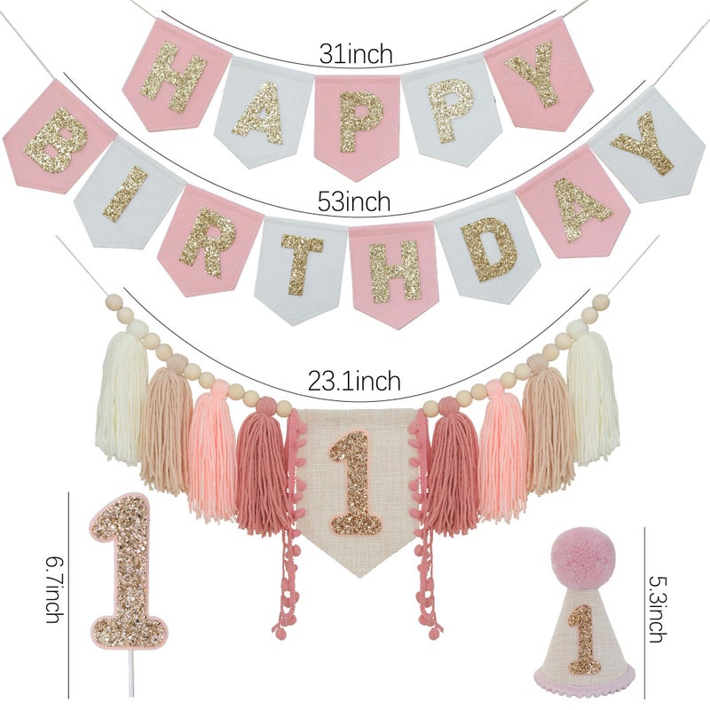 DCJHFJ Pink Felt Happy Birthday High Chair Banner Pre-Strung Birthday Hanging Decoration For Baby Girl 1st Birthday Party Decorations - Image 4