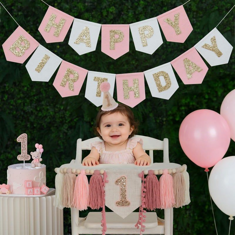 DCJHFJ Pink Felt Happy Birthday High Chair Banner Pre-Strung Birthday Hanging Decoration For Baby Girl 1st Birthday Party Decorations - Image 2