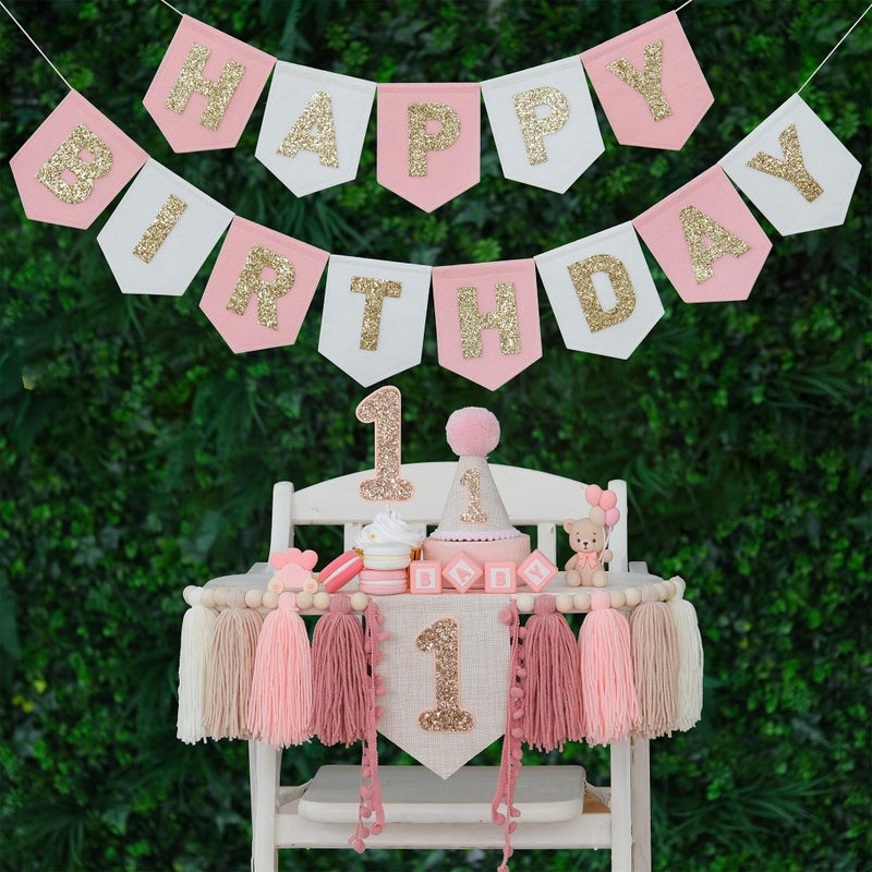 DCJHFJ Pink Felt Happy Birthday High Chair Banner Pre-Strung Birthday Hanging Decoration For Baby Girl 1st Birthday Party Decorations - Image 1