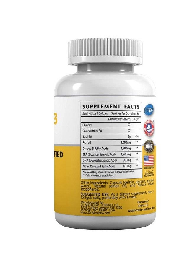 Dr. Matthew - Best Fish Oil Omega 3 With Epa And Dha. Fatty Acid Supplements For Women And Men. 3000Mg Triple Strength Pills Ifos Certified Vitamin Omega 3. High Epa 1200Mg. Wild Caught Pure Omega3 Capsules - Image 1