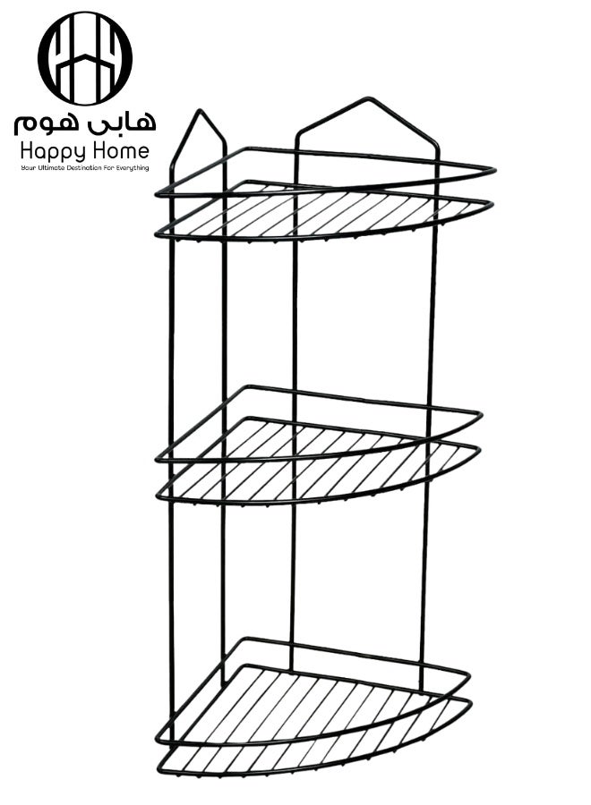 هابي هوم ركنة حمام مزدوجة من الستانلس المقاوم للصدأ – 3 رف لتخزين الشامبو والصابون وأدوات الاستحمام،أنيق مقاس 53 ×24 سم، مناسبة للحمام والمطبخ، لون أسود فاخر - Image 1