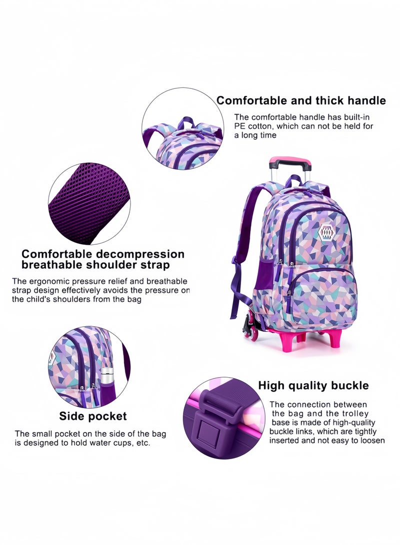 GGEROU School Bags for Children with Wheels Kids Trolley Bag, Backpack for Girls Multi-Compartment Primary and Secondary School Bag Casual Daypack Travel Backpack Student Satchel Purple - Image 3