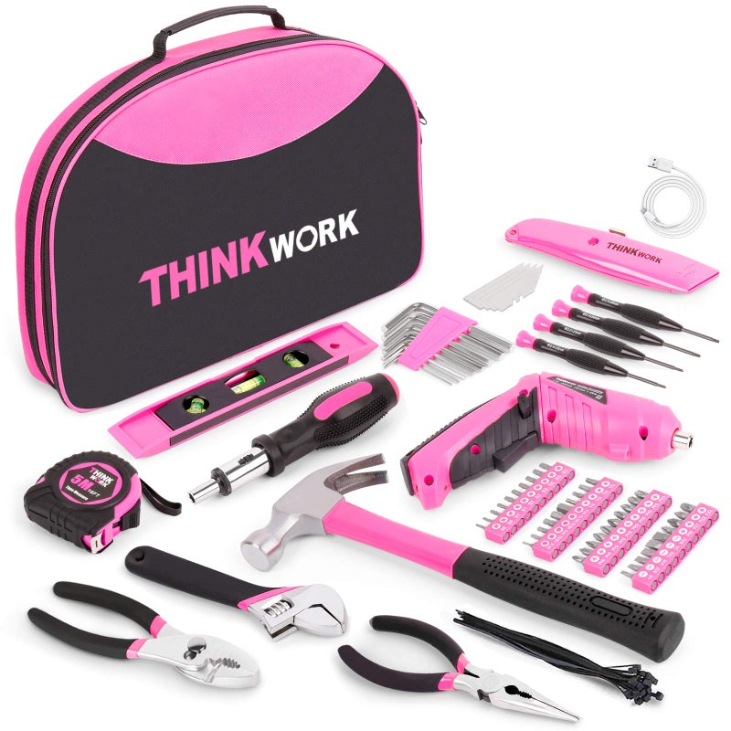 THINKWORK THINKWORK 122Piece Pink Tool Set with 36V Rotatable Electric Screwdriver Home Tool Kit for Women with Easy Carrying Round Pouch Ladies Pink Tool Kit for Home Maintenance DIY Gifts 