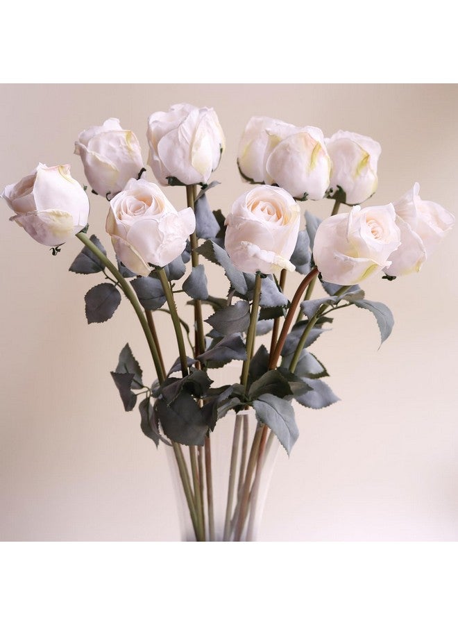 زونور زهور الورد الاصطناعية، زهور حرير واقعية ذات حافة محروقة، وردة عتيقة ذات ساق طويلة لتزيين باقات الزهور في المنزل وحفلات الزفاف (10 قطع، أبيض) - Image 5