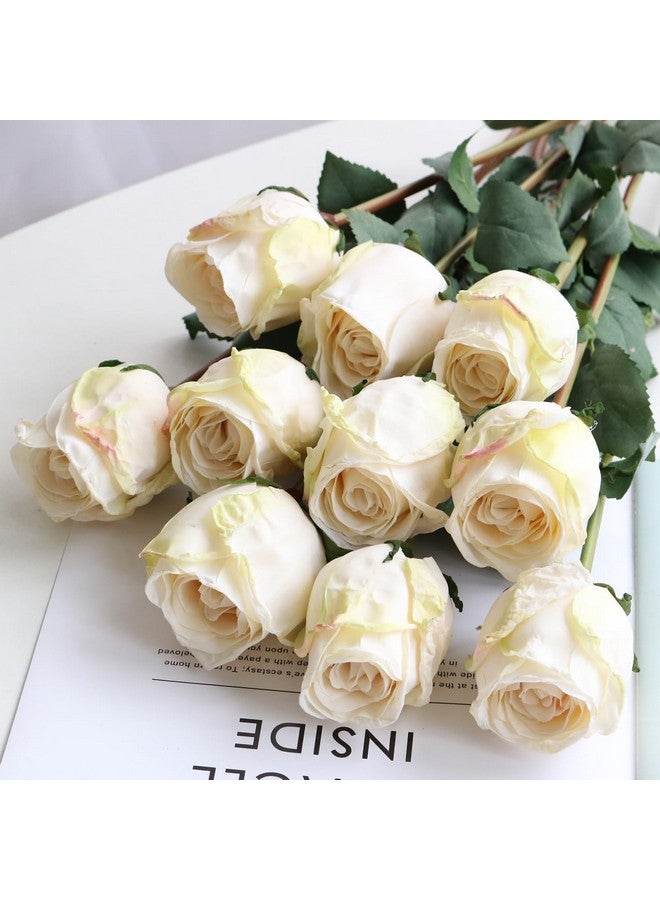 زونور زهور الورد الاصطناعية، زهور حرير واقعية ذات حافة محروقة، وردة عتيقة ذات ساق طويلة لتزيين باقات الزهور في المنزل وحفلات الزفاف (10 قطع، أبيض) - Image 4