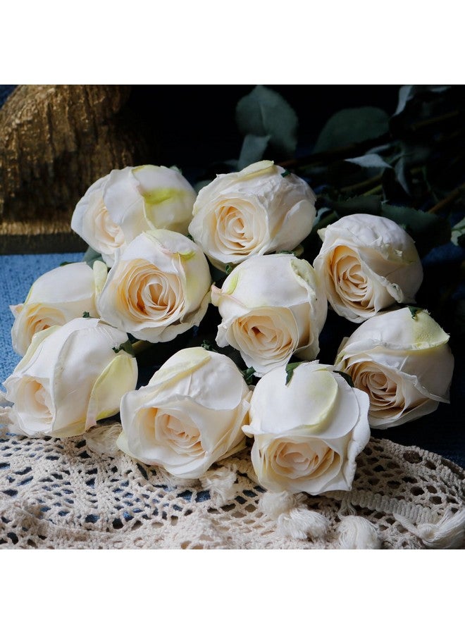 زونور زهور الورد الاصطناعية، زهور حرير واقعية ذات حافة محروقة، وردة عتيقة ذات ساق طويلة لتزيين باقات الزهور في المنزل وحفلات الزفاف (10 قطع، أبيض) - Image 3