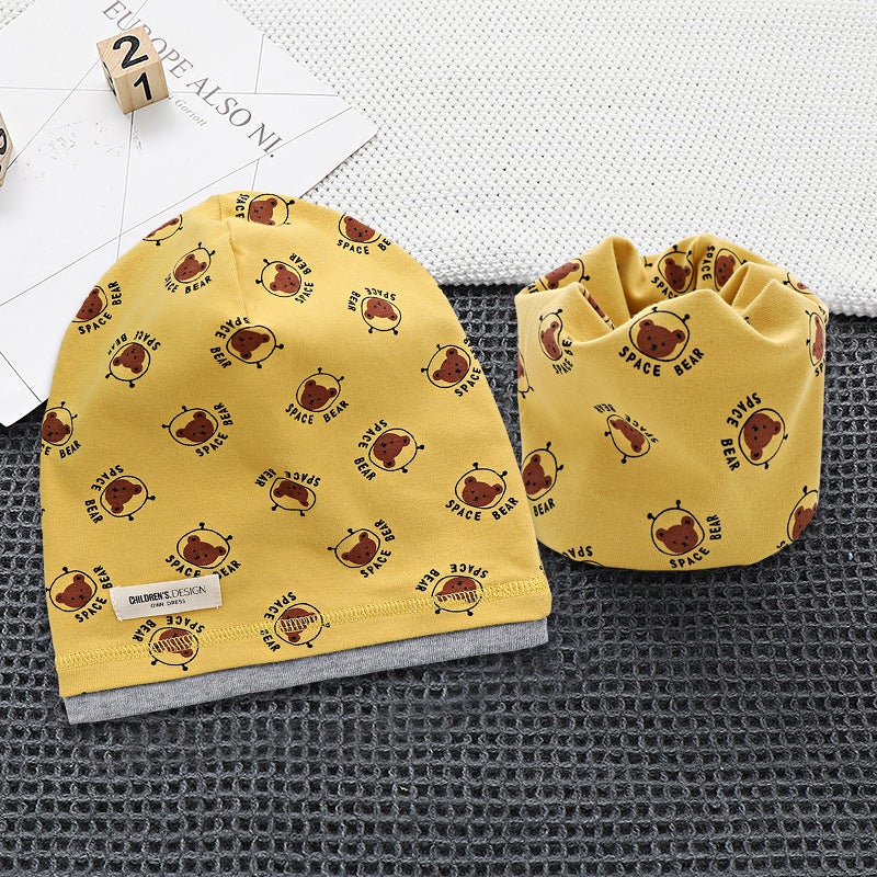 New Single-Layer Children'S Pile Cap Scarf Two-Piece Suit Cotton Printed Pullover Cap Windproof Ear Protection Hat - Image 1
