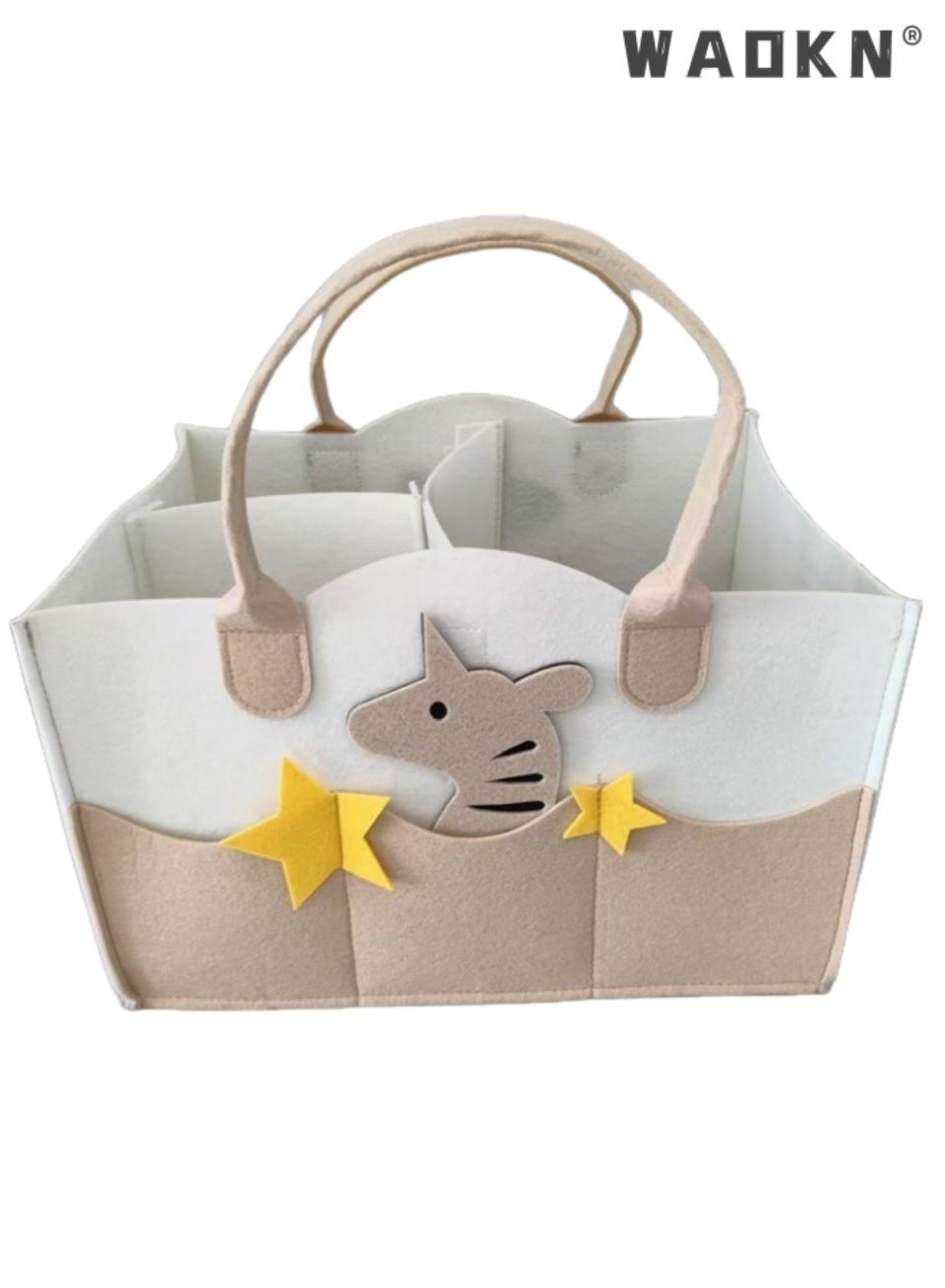 WAOKN Large Capacity Cute Felt Diaper Caddy, Portable Foldable Wool Tote Organizer with Reinforced Sturdy Handle, Multi-Compartment Nursery Storage Basket for Newborn Baby Essentials, Lightweight Diap