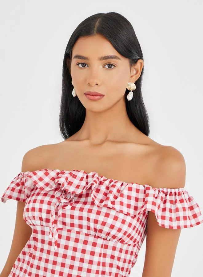 Take Two Take Two Gingham Print Off-Shoulder Maxi Dress