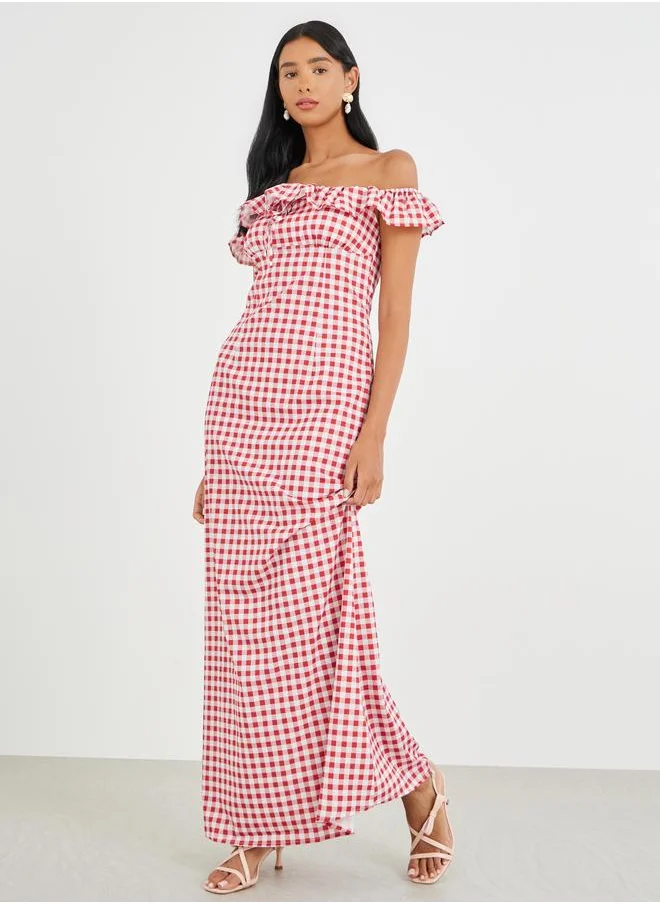 Take Two Take Two Gingham Print Off-Shoulder Maxi Dress
