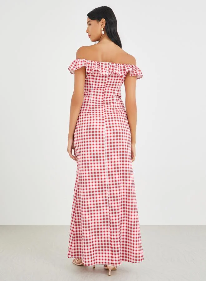 Take Two Take Two Gingham Print Off-Shoulder Maxi Dress