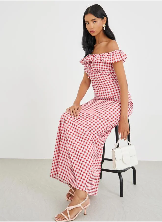 Take Two Take Two Gingham Print Off-Shoulder Maxi Dress