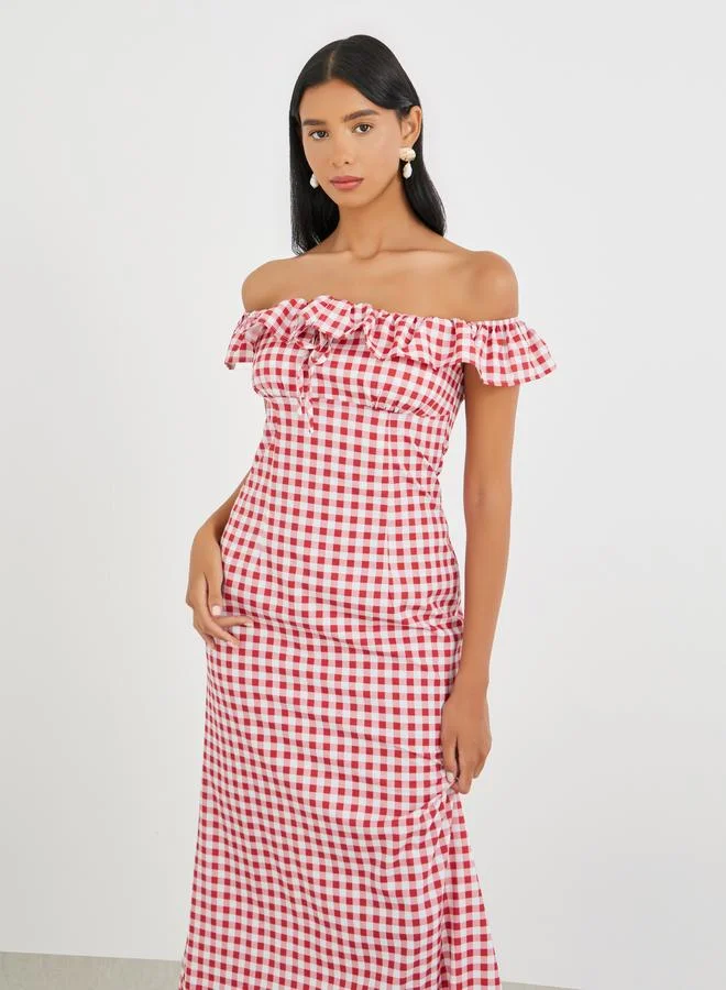 Take Two Take Two Gingham Print Off-Shoulder Maxi Dress