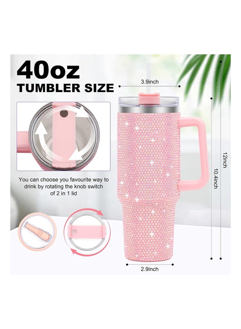 إزدنك كوب حراري لامع مرصع بأحجار الراين، سعة 1200 مل، بمقبض وغطاء من القش، مرصع بأحجار الراين، زجاجة مياه مزدوجة الجدار من الفولاذ المقاوم للصدأ معزولة بالفراغ، كوب سفر، هدية للنساء والسيدات (وردي) - Image 4