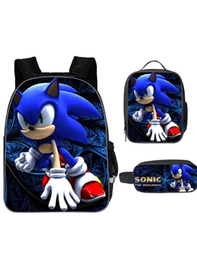 Sonic student large capacity backpack three piece set, anime cartoon backpack, shoulder bag pen bag
