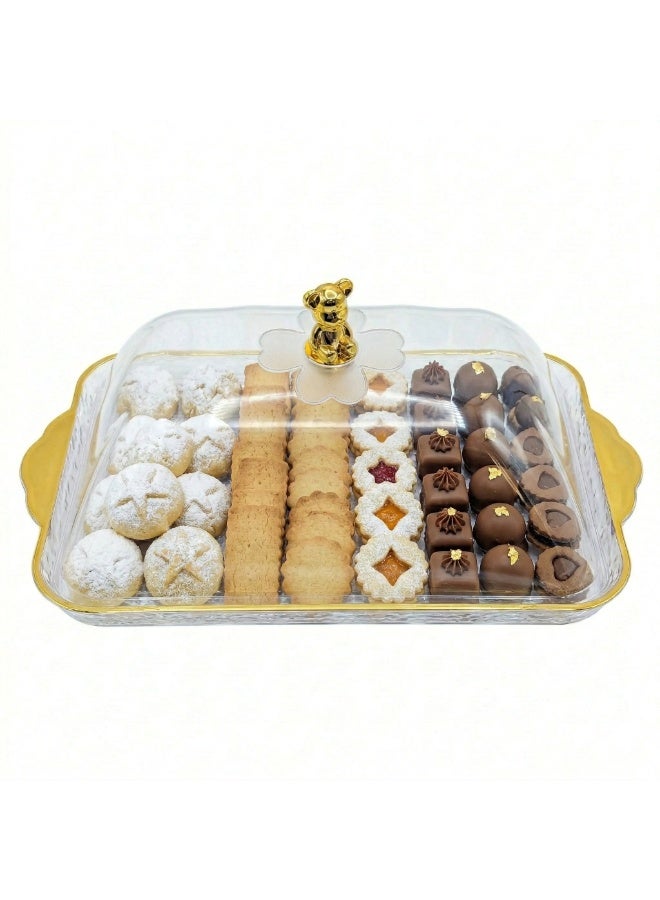 Acrylic Sweets Container with Clear Lid and Decorative Top Handle, Dessert & Cake Serving Tray for Cookies, Pastries, Biscuits and Treats - Image 1