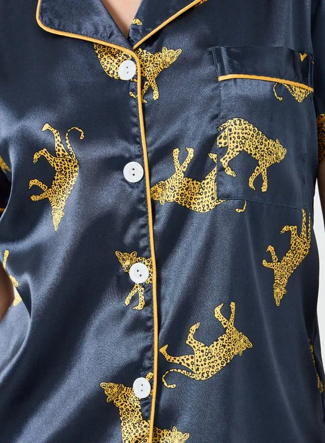 Take Two  Navy Blue Leopard Print Shirt and Shorts Set for Women | Best Price UAE
