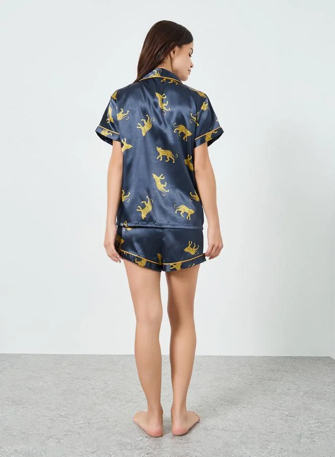 Take Two  Navy Blue Leopard Print Shirt and Shorts Set for Women | Best Price UAE