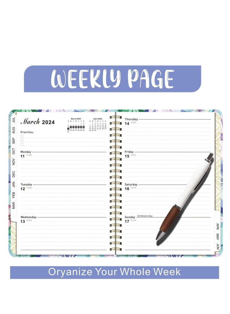 KASTWAVE Spiral Notebook for Work, Hourly Planner from January 2024 - December 2024, Notebook Thick Paper, Bookmark, Stickers, Note Set and Inner Pocket, Elastic Closure - Image 4