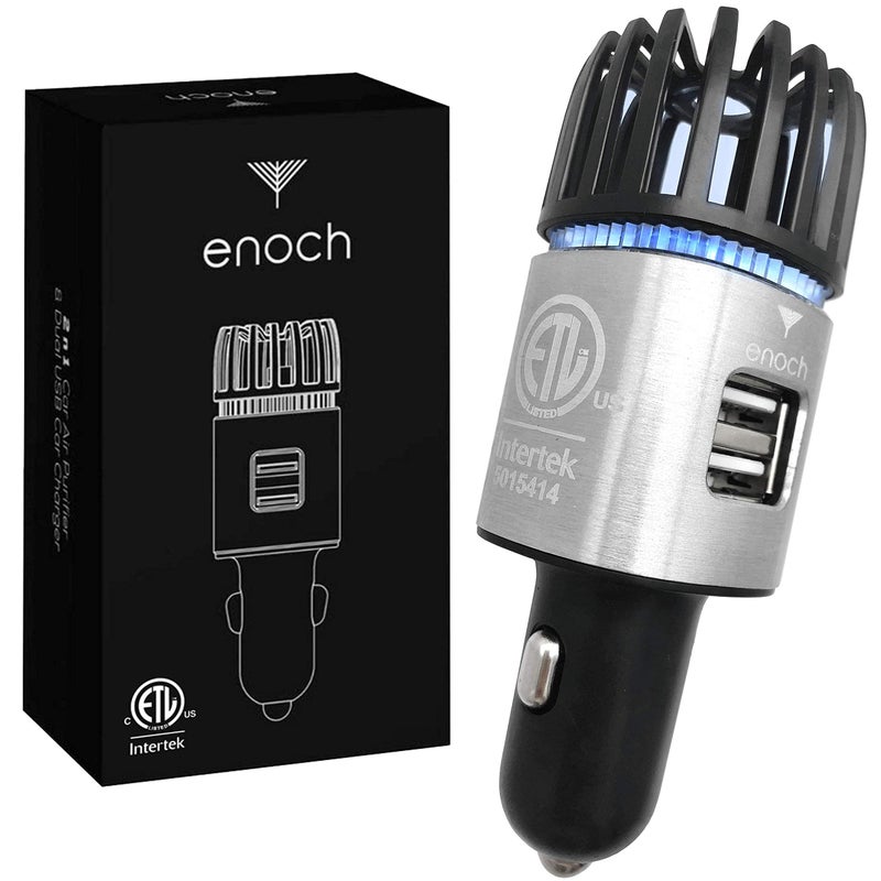 Enoch منقي هواء السيارة الأيوني إينوك مع شاحن سيارة مزدوج USB. معطر هواء السيارة يقضي على الروائح، والغبار. يزيل رائحة الدخان، والحيوانات الأليفة، والطعام. مزيل رائحة السيارة الأيوني (رمادي فضي) - Image 1