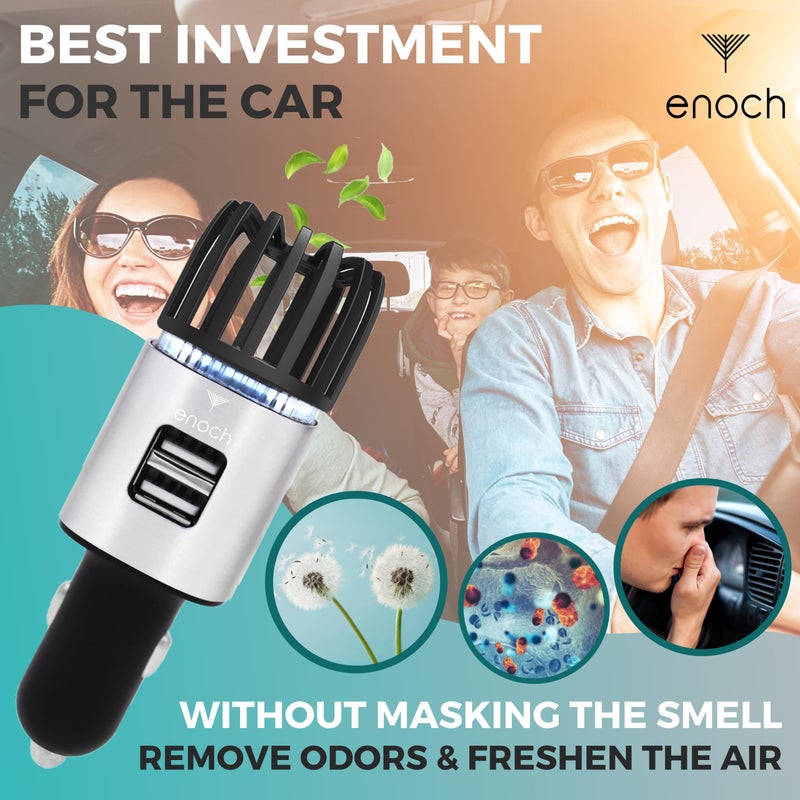Enoch منقي هواء السيارة الأيوني إينوك مع شاحن سيارة مزدوج USB. معطر هواء السيارة يقضي على الروائح، والغبار. يزيل رائحة الدخان، والحيوانات الأليفة، والطعام. مزيل رائحة السيارة الأيوني (رمادي فضي) - Image 4