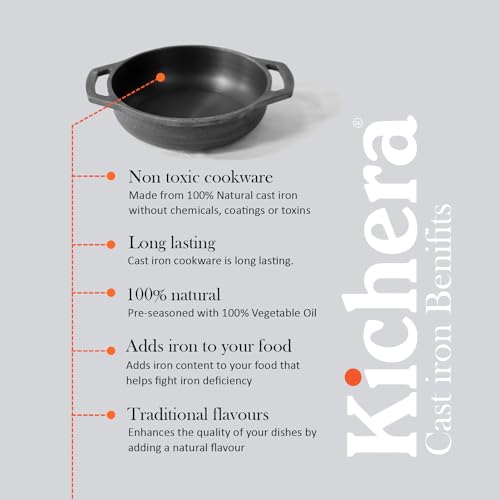 Kichera Pre Seasoned Cast Iron Grilling Wok With 2 Loop Handles 9 Inch Smooth Flat Base Deep Kadai | Kadhai 2Ltr / 2.2Kg, 22Cm | Gas & Induction Friendly - Black - Image 5