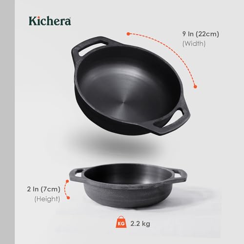 Kichera Pre Seasoned Cast Iron Grilling Wok With 2 Loop Handles 9 Inch Smooth Flat Base Deep Kadai | Kadhai 2Ltr / 2.2Kg, 22Cm | Gas & Induction Friendly - Black - Image 3