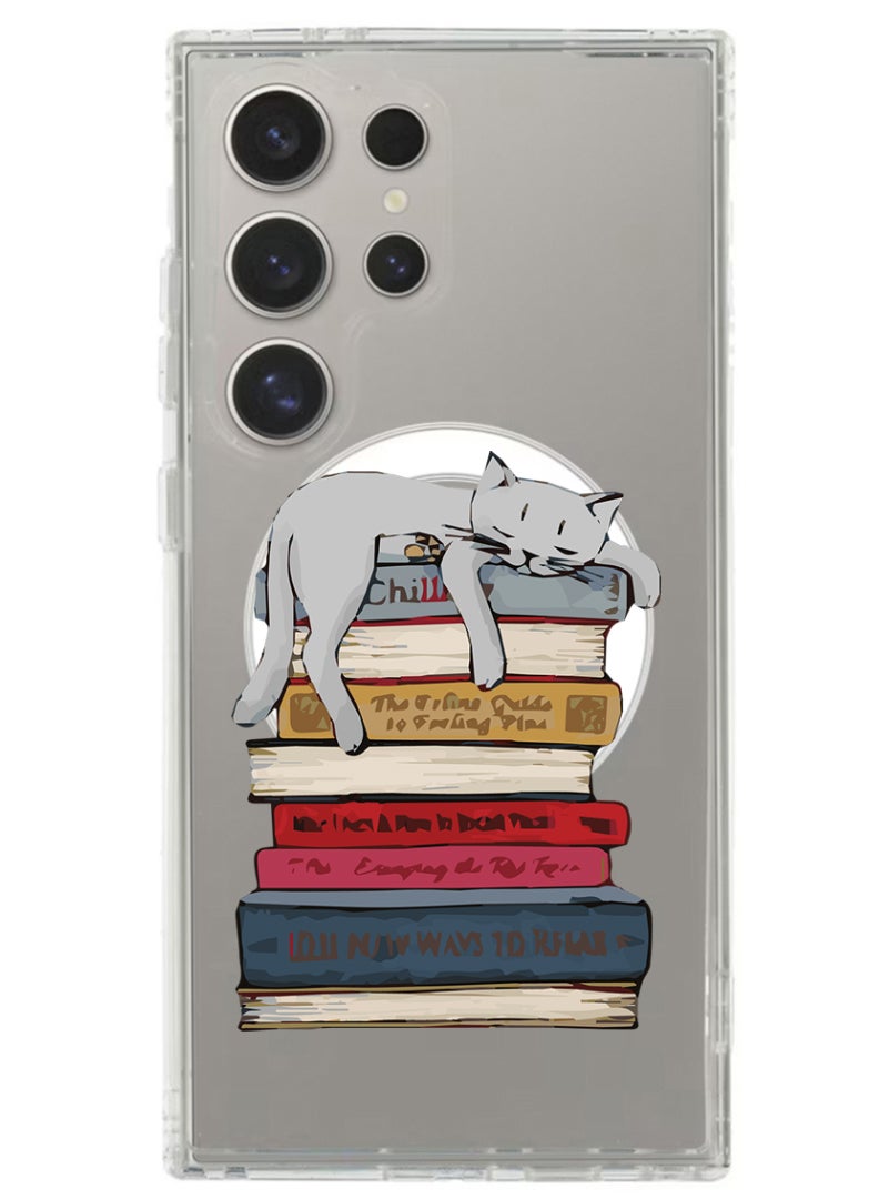 Theodor حافظة مغناطيسية لهاتف سامسونج جالاكسي S24 ألترا 6.8 بوصة متوافقة مع شحن ماغسيف اللاسلكي، غطاء هاتف مقاوم للصدمات مع قطة على الكتب - Image 1