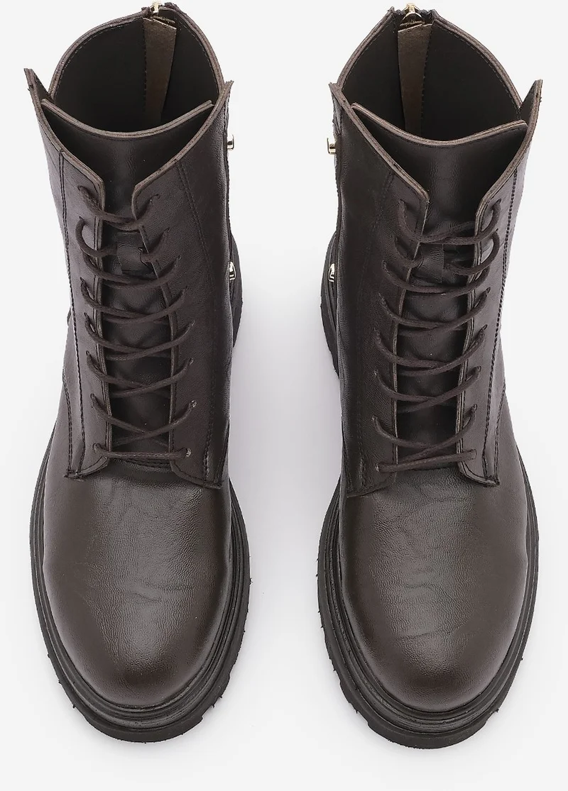 MARJIN Women's Back Zippered Stud Detailed Thick Sole Combat Boots Likesta