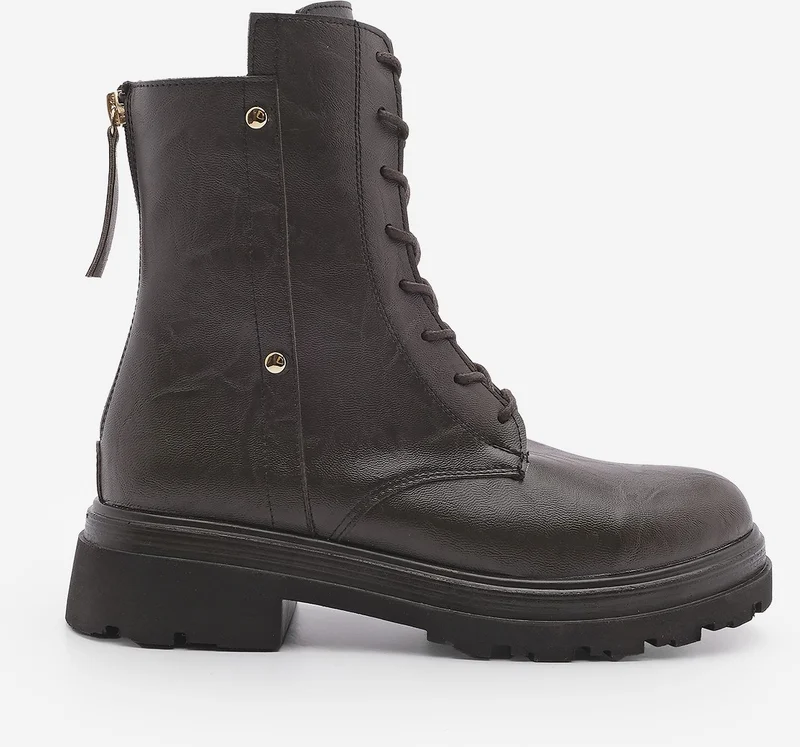 MARJIN Women's Back Zippered Stud Detailed Thick Sole Combat Boots Likesta