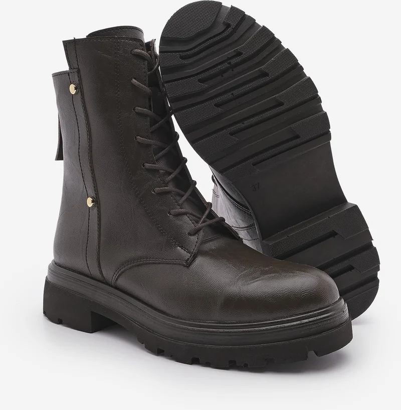 MARJIN Women's Back Zippered Stud Detailed Thick Sole Combat Boots Likesta