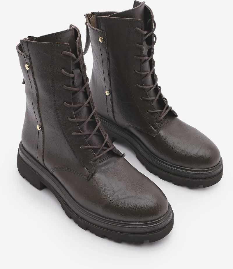MARJIN Women's Back Zippered Stud Detailed Thick Sole Combat Boots Likesta