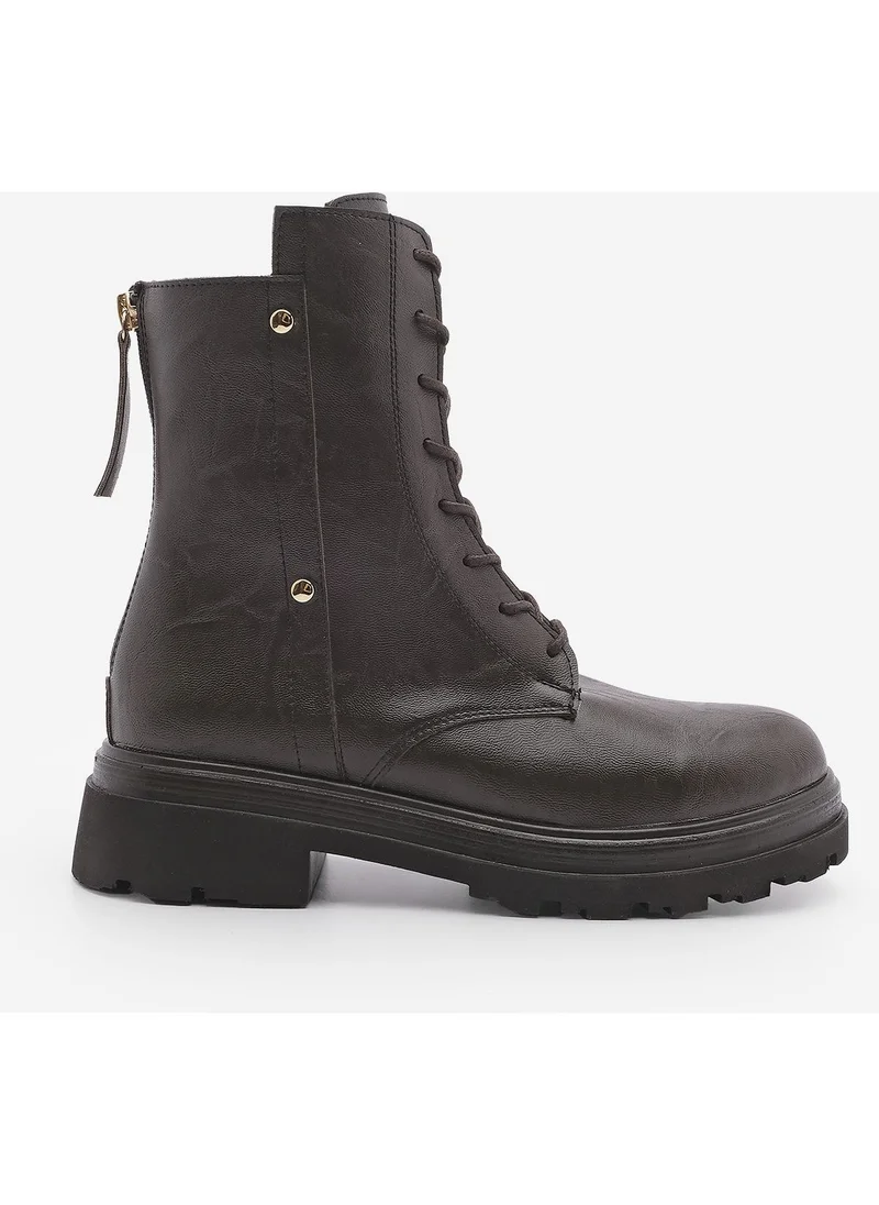 MARJIN Women's Back Zippered Stud Detailed Thick Sole Combat Boots Likesta