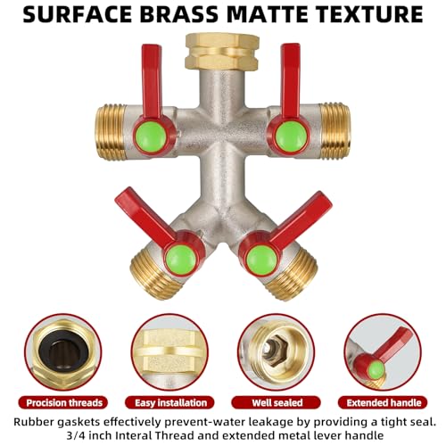 DINGBAI Hose Splitter 4 Way, High Flow Garden Hose Splitter, 3/4” Ght Inlet Brass Heavy Duty Hose Converter, Full Flow water 4 Way Faucet hose splitter, Long Handle Hose Valve Large Outlet. - Image 5