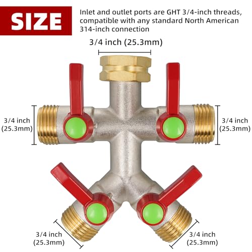 DINGBAI Hose Splitter 4 Way, High Flow Garden Hose Splitter, 3/4” Ght Inlet Brass Heavy Duty Hose Converter, Full Flow water 4 Way Faucet hose splitter, Long Handle Hose Valve Large Outlet. - Image 2