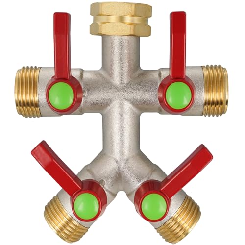 DINGBAI Hose Splitter 4 Way, High Flow Garden Hose Splitter, 3/4” Ght Inlet Brass Heavy Duty Hose Converter, Full Flow water 4 Way Faucet hose splitter, Long Handle Hose Valve Large Outlet. - Image 1