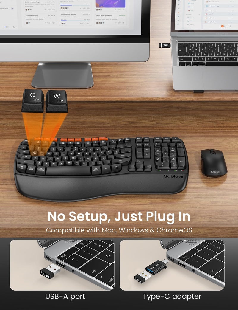 SABLUTE Ergonomic Wireless Keyboard and Mouse Combo, 2.4G Full Size Wave Key Board with Cushioned Palm Rest, Natural Typing, 3 DPI Adjustable Mouse, USB-A & C for Computer/Laptop/Mac/Tablet â€“ Sablute - Image 5