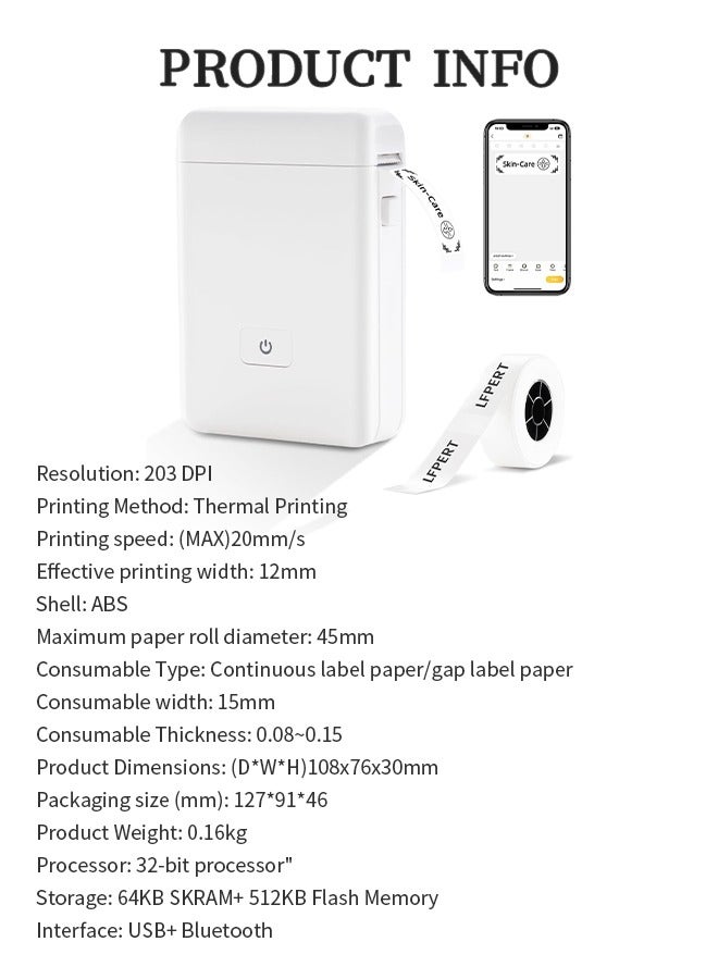 Wireless Label Printer, Inkless Thermal Maker with 1 Roll 15*30mm White Tape, Smart and Portable