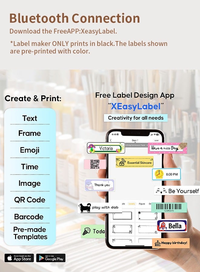 Wireless Label Printer, Inkless Thermal Maker with 1 Roll 15*30mm White Tape, Smart and Portable
