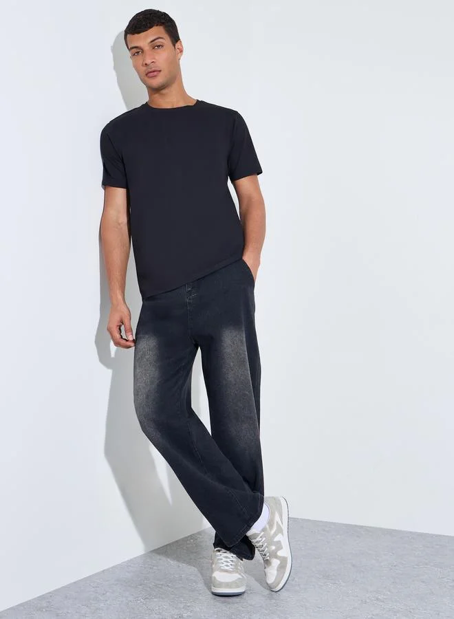Styli Black Solid Crew Neck Regular Fit T-Shirt