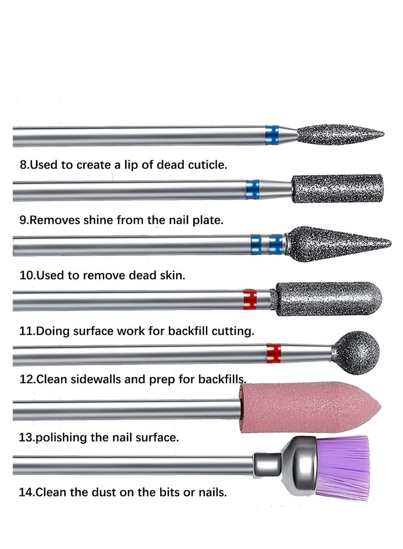 طقم رؤوس مثقاب الأظافر، 14 قطعة احترافية من أدوات الحفر الماسية لإزالة الجلد حول الأظافر، مجموعة رؤوس بحجم 3/32" لأدوات تجميل الأظافر وإزالة الأظافر الصناعية. - Image 5