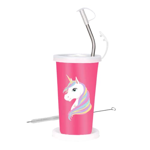 PDDFALCON Stainless Steel Cartoon Print Glass/Tumbler With Steel Straw,Cleaning Brush & Food Grade Cap for Straw, 100% Leak Proof, BIS Certified, Jindal Seal & Made In India- 450ml (Pink Unicorn) - Image 1